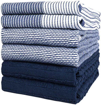 Premium Kitchen Dish Hand Towels (20”x 28”, 6 Pack) | Large,Cotton Flat & Terry Highly Absorbent Tea Towels Set with Hanging Loop | Navy Blue