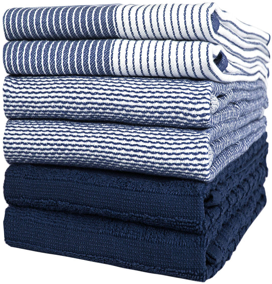 Premium Kitchen Dish Hand Towels (20”x 28”, 6 Pack) | Large,Cotton Flat & Terry Highly Absorbent Tea Towels Set with Hanging Loop | Navy Blue