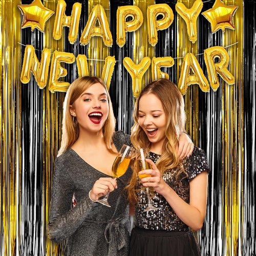 GREATRIL Black and Gold Party Streamers - Foil Fringe Backdrop for NYE, Anniversaries, Birthdays | 3.2ft X 8.2ft - 2 Packs