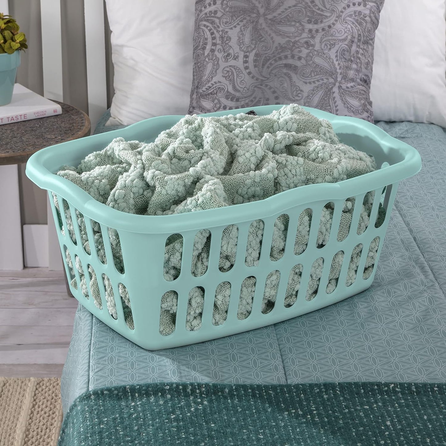 Sterilite 1.5 Bushel Laundry Basket - Classic Plastic Design for Easy Carrying | White & Aqua, 12-Pack