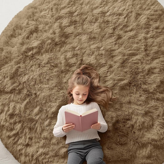 OLANLY Taupe Round Rugs for Bedroom - Machine Washable, 7 ft Circle Area Rugs for Living Room, Soft and Fluffy Shaggy Carpet for Teen Girl and Boys, Nursery Rooms, Dorms, Home Decor Aesthetic