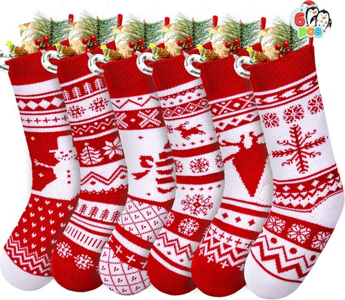 JOYIN 6 Pack Christmas Knit Stockings - Large Rustic Yarn Design with Snowflakes & Reindeer for Holiday Decor