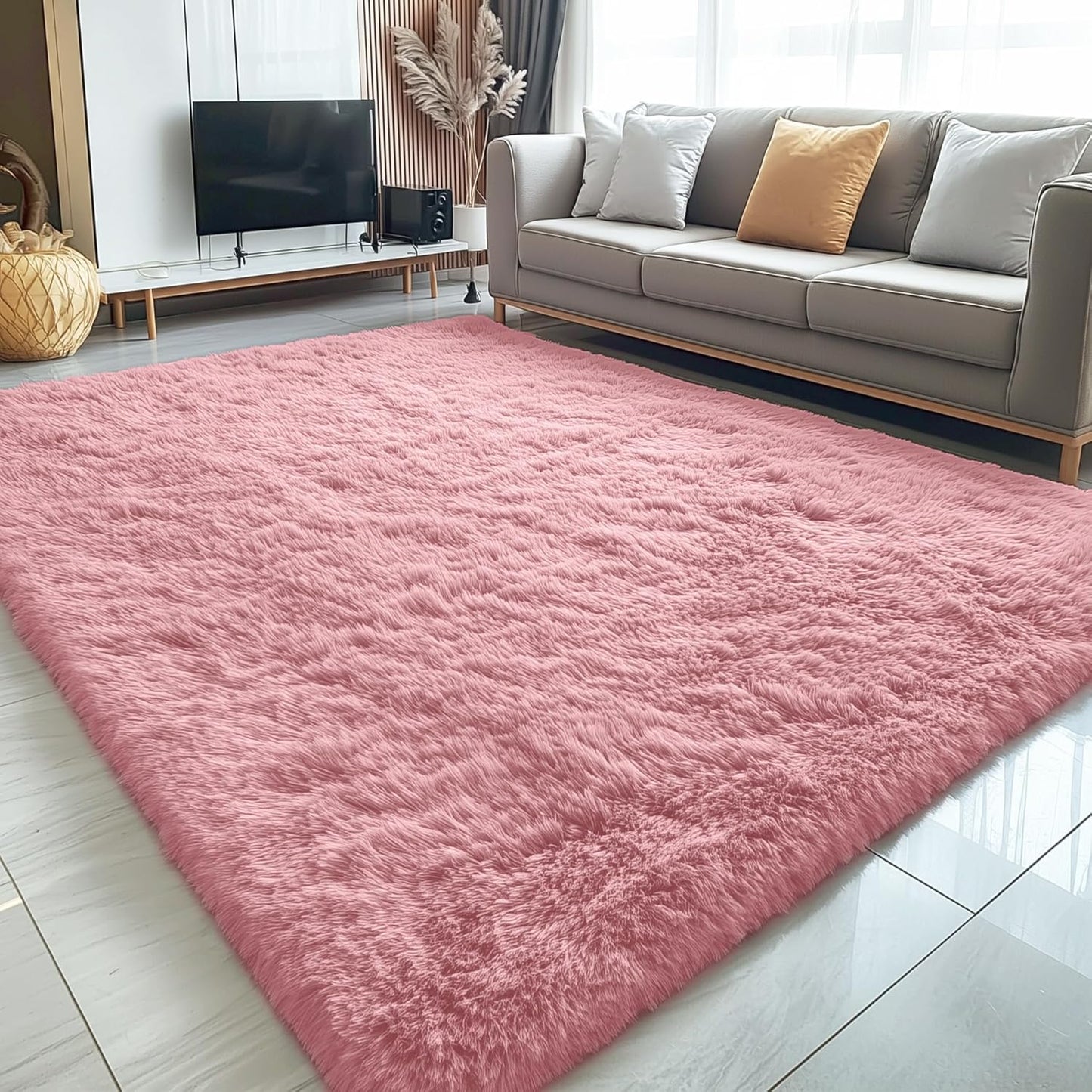 OLANLY Large Area Rug - Soft Fluffy Shaggy Carpet for Living Room & Bedroom | 5x8 Pale Pink
