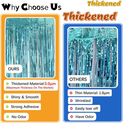 Skiennix Teal Blue Tinsel Foil Fringe Backdrop Curtains - 3PC Set for Birthday & Graduation Decor