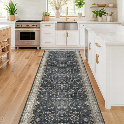 Skiennix Black Boho Runner Rug - Washable, Non-Slip, Stain Resistant | 2x6 ft for Hallway, Kitchen, Bedroom