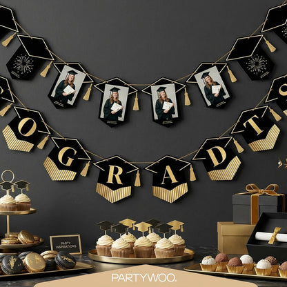 PartyWoo Graduation Decorations - Class of 2026 Black & Gold Banner Set for College & High School Parties | 2-Piece