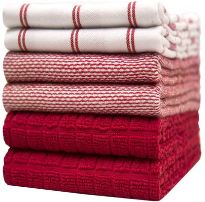 Premium Kitchen Towels (20”x 28”, 6 Pack) – Large Cotton Kitchen Hand Towels – Flat & Terry Towel – Highly Absorbent Tea Towels Set with Hanging Loop (Red Check)