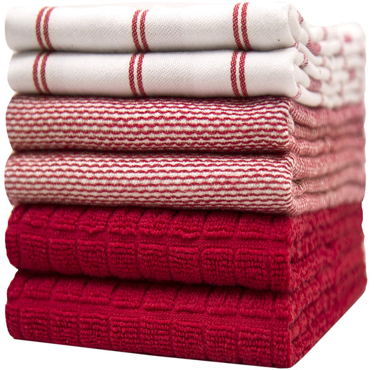 Premium Kitchen Towels (20”x 28”, 6 Pack) – Large Cotton Kitchen Hand Towels – Flat & Terry Towel – Highly Absorbent Tea Towels Set with Hanging Loop (Red Check)