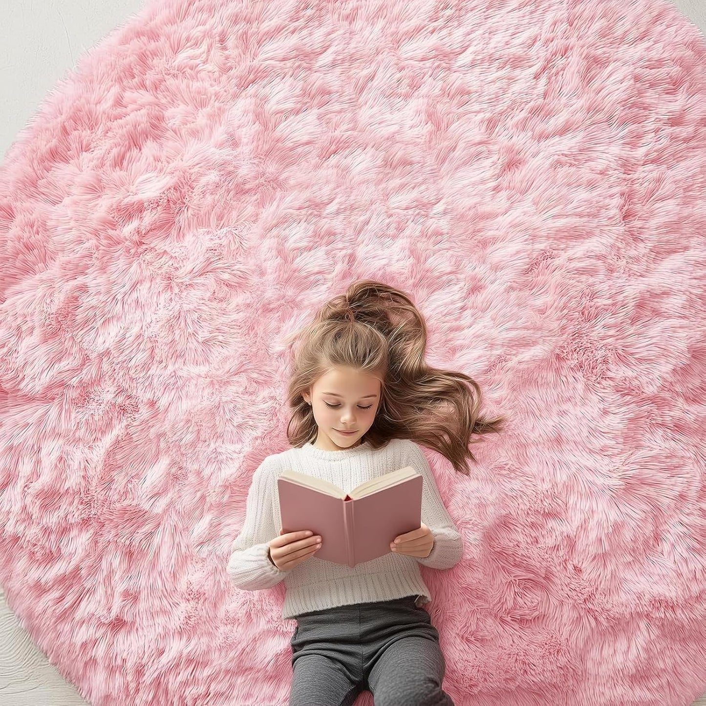 OLANLY Pink Round Rug - Soft & Fluffy 7 ft Circle Area Rug for Bedroom & Living Room Decor