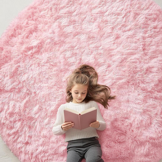 OLANLY Pink Round Rug - Soft & Fluffy 7 ft Circle Area Rug for Bedroom & Living Room Decor
