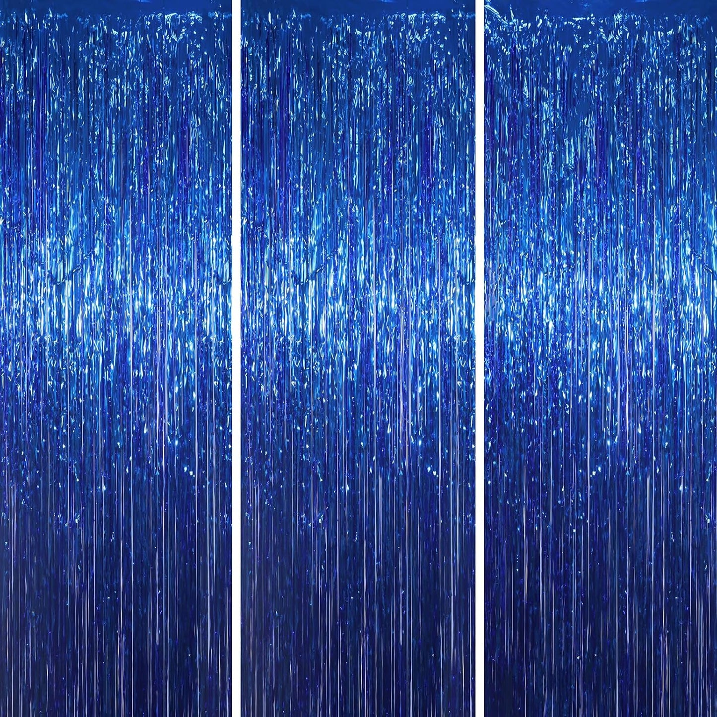 Voircoloria Blue Foil Fringe Backdrop Curtains - 3 Pack Tinsel Streamers for Parties & Events | 3.3x8.2 Feet