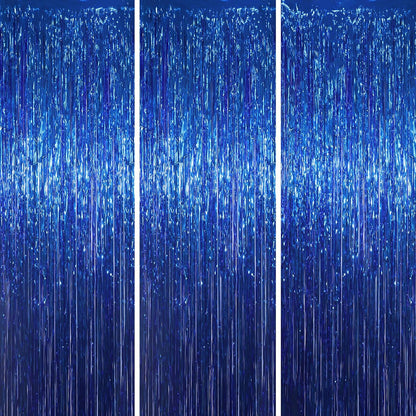 Voircoloria Blue Foil Fringe Backdrop Curtains - 3 Pack Tinsel Streamers for Parties & Events | 3.3x8.2 Feet