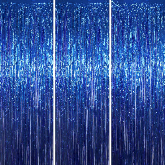 Voircoloria Blue Foil Fringe Backdrop Curtains - 3 Pack Tinsel Streamers for Parties & Events | 3.3x8.2 Feet