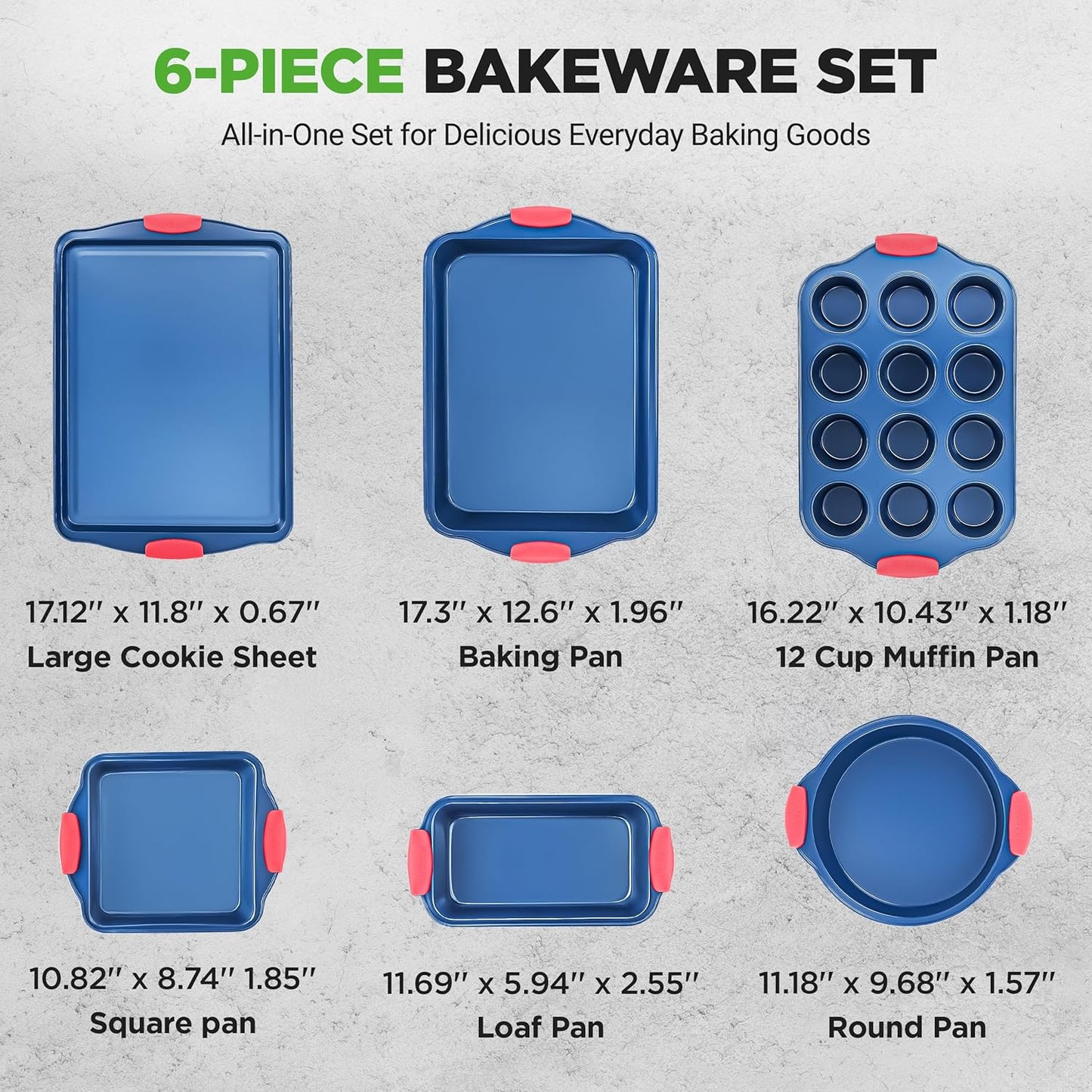 NutriChef 6-Piece Bakeware Set - Nonstick Carbon Steel Pans with Red Silicone Handles | Durable & Stain-Resistant (Blue)