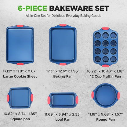 NutriChef 6-Piece Bakeware Set - Nonstick Carbon Steel Pans with Red Silicone Handles | Durable & Stain-Resistant (Blue)
