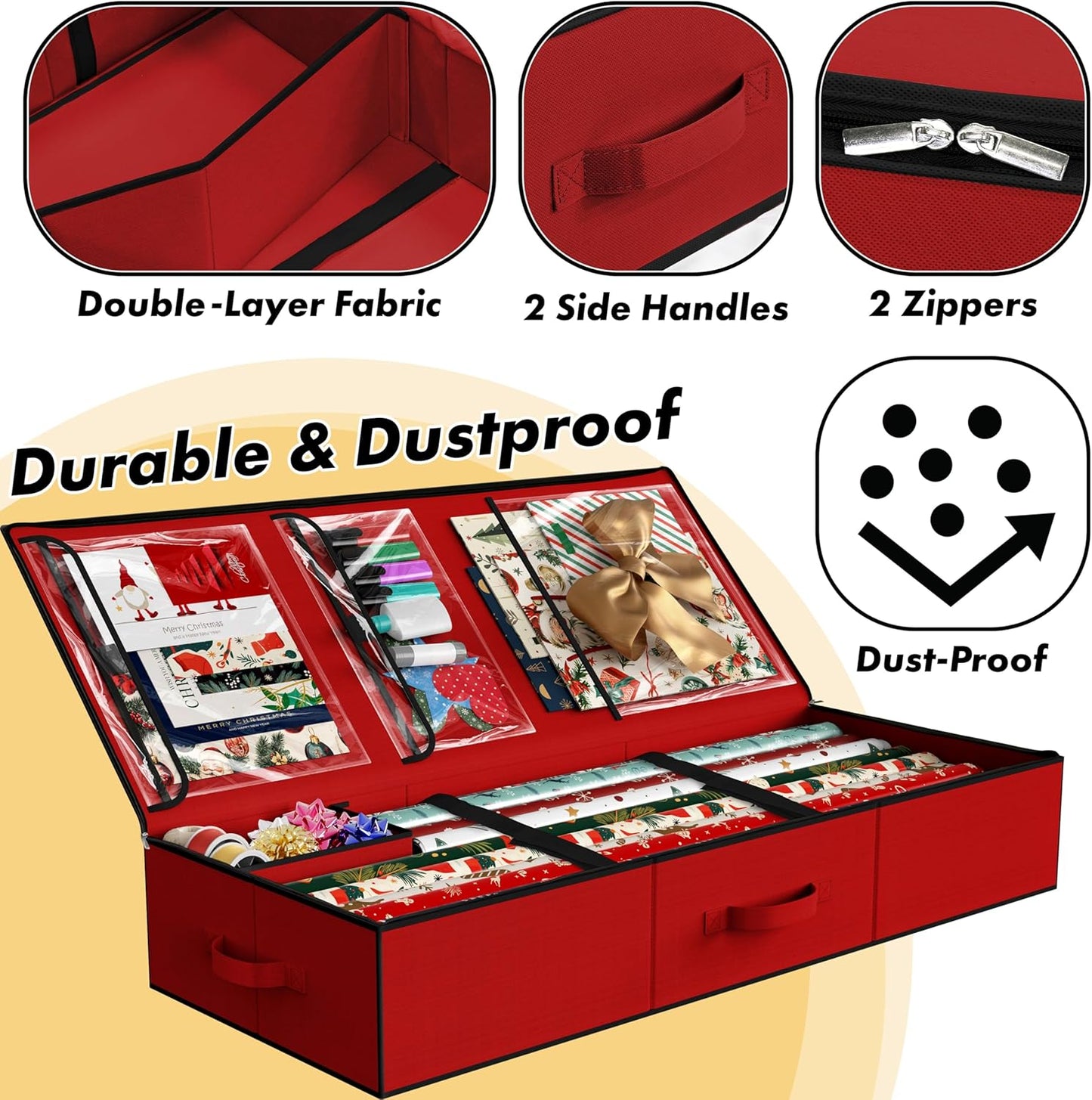 Simple Houseware Wrapping Paper Storage Organizer - Holds 40 Rolls with Adjustable Straps & Clear Pockets, 41.5''L x 16''W, Red