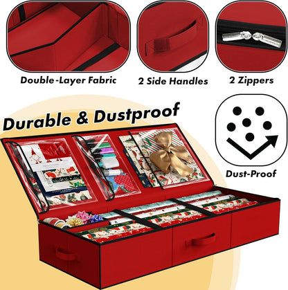Simple Houseware Wrapping Paper Storage Organizer - Holds 40 Rolls with Adjustable Straps & Clear Pockets, 41.5''L x 16''W, Red