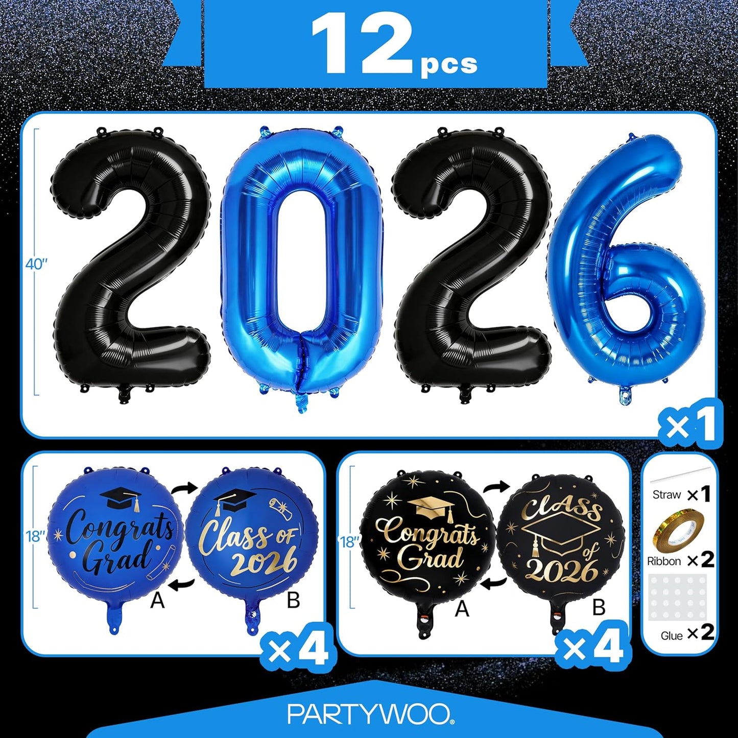 PartyWoo Graduation Balloons - Class of 2026 Foil Number & Mylar Balloons | 12pcs in Black, Blue & Gold