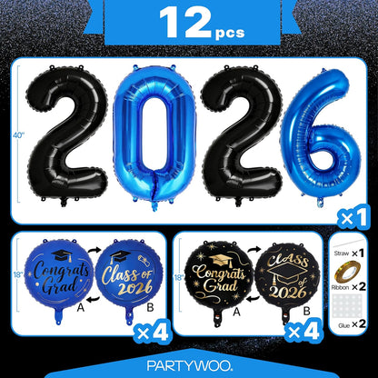 PartyWoo Graduation Balloons - Class of 2026 Foil Number & Mylar Balloons | 12pcs in Black, Blue & Gold