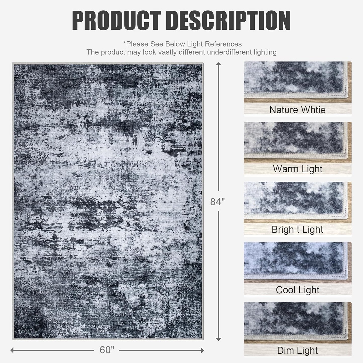 Skiennix 5x7 Area Rug - Washable Modern Abstract Soft Indoor Carpet | Non-Slip & Stain Resistant - Black
