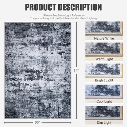 Skiennix 5x7 Area Rug - Washable Modern Abstract Soft Indoor Carpet | Non-Slip & Stain Resistant - Black