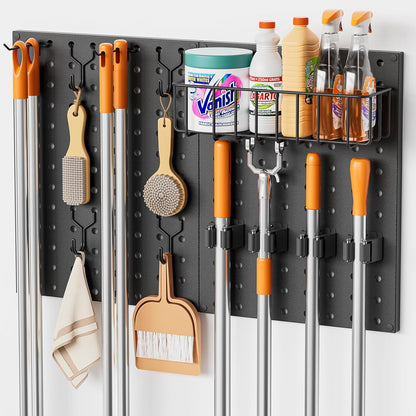 Peg Board Wall Organizer by Broom Holder - Mop Hanger with Gripper Hooks & Basket for Laundry Room Storage