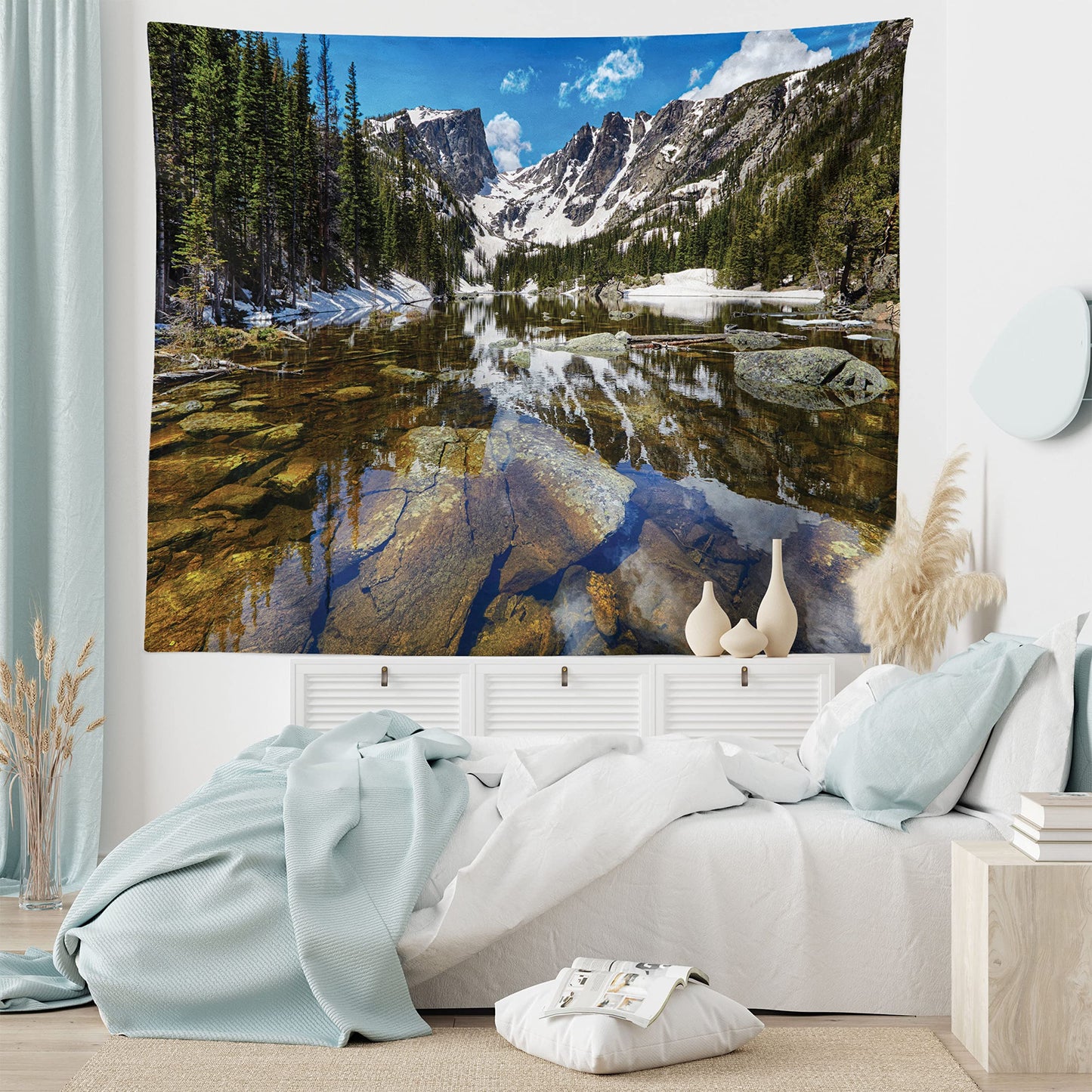 Ambesonne Landscape Tapestry, Dream Mirroring Lake at the Mountain Park in West America River Snow Print, Wide Wall Hanging for Bedroom Living Room Dorm, 60" X 40", Green Brown Blue