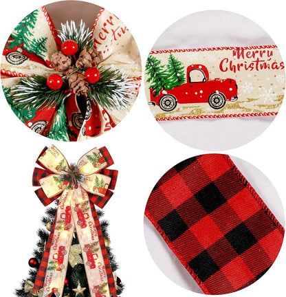 Regine Switzerland Christmas Tree Topper Bow - 30 LED Lights, 13”x25” Large Red Black Buffalo Plaid Rustic Decor