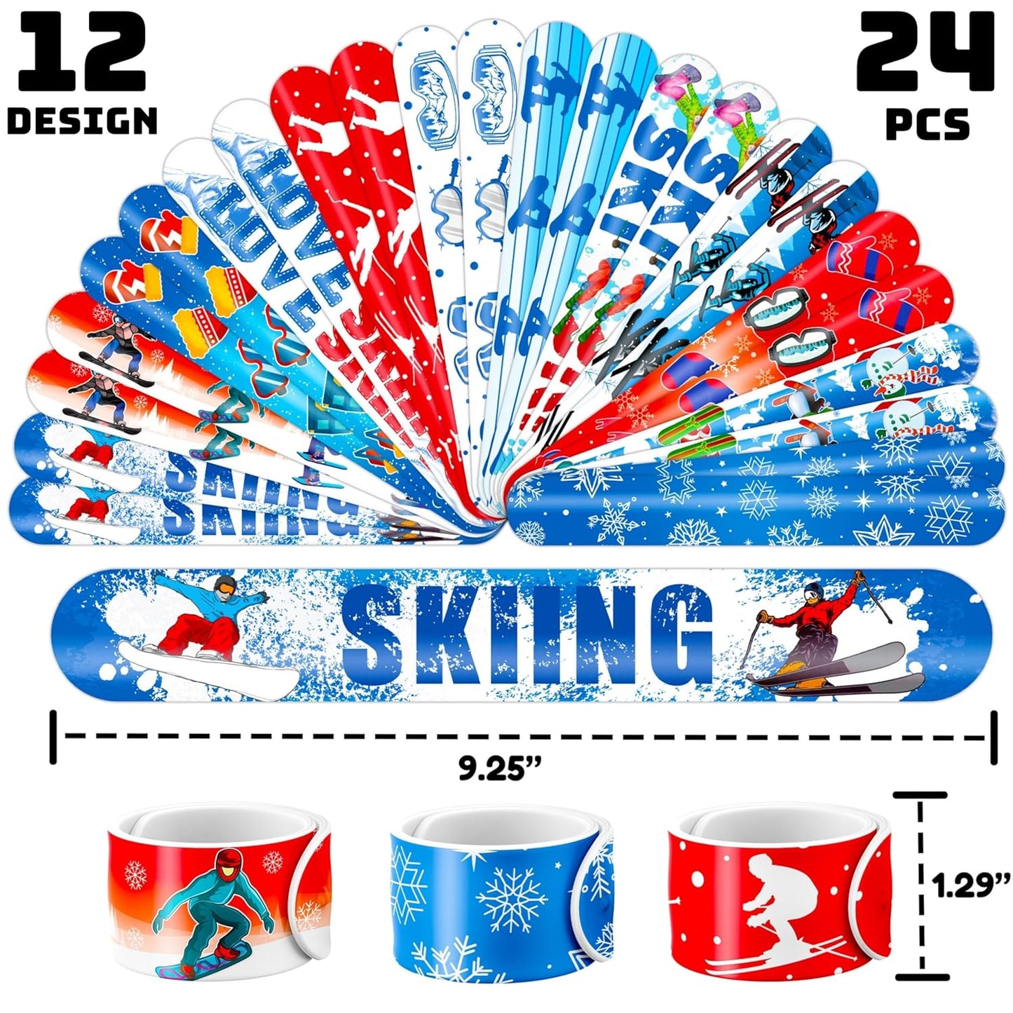 Skiennix Skiing Party Set - 48PCS Fun Winter Sports Supplies | 24 Temporary Tattoos & 24 Slap Bracelets for Kids