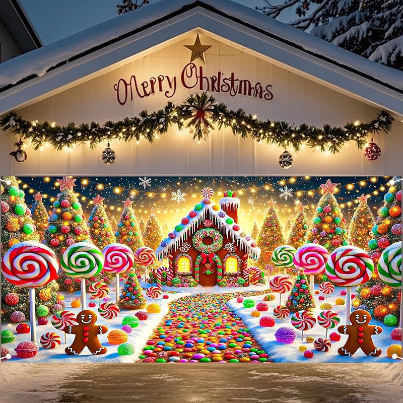 Nuxovilar Christmas Garage Door Cover 6x13 Ft - Polyester, Reinforced Grommets, Double-Sided Graphics, Variation hd05159