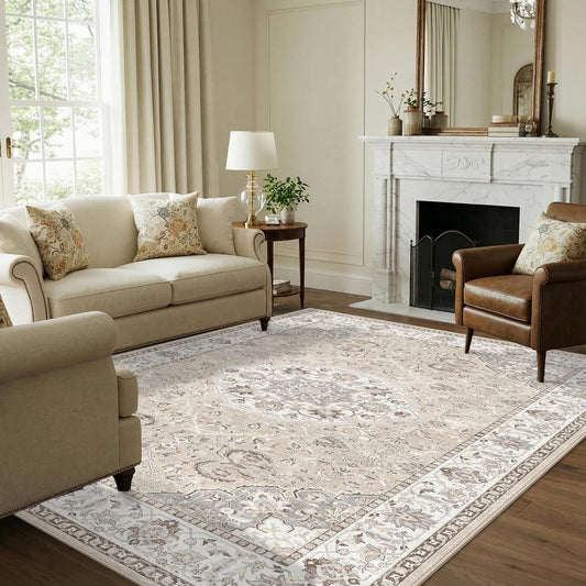 Skiennix 6x9 Area Rug - Ultra Soft, Washable Vintage Carpet | Stain Resistant, Non-Slip Design in Beige