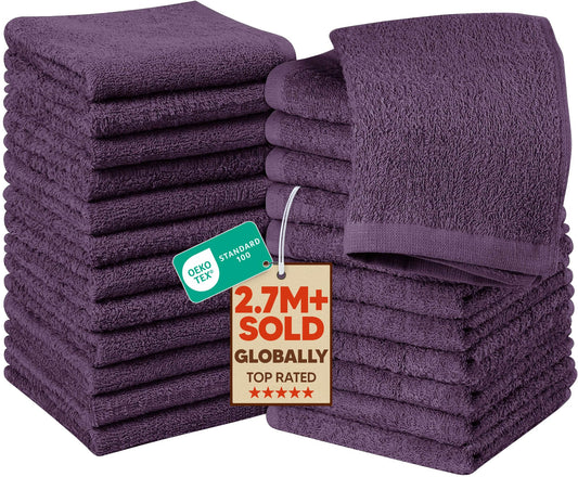 Utopia Towels 24 Pack Cotton Washcloths Set, 100% Ring Spun Cotton, Premium Quality Flannel Face Cloths, Highly Absorbent and Soft Feel Fingertip Towels, Plum