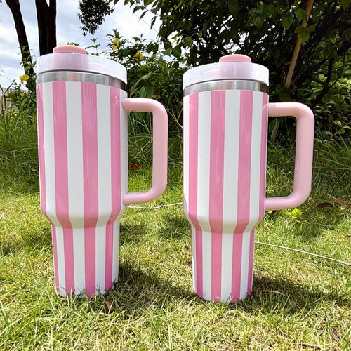 40 oz Traveler - Stripe Water Bottle with Handle & Flip Straw - Fits in Cup Holder, Leak Resistant Tumbler-Reusable Insulated Stainless Steel & Rubber Base - Gifts for Women & Men（Pink&White）