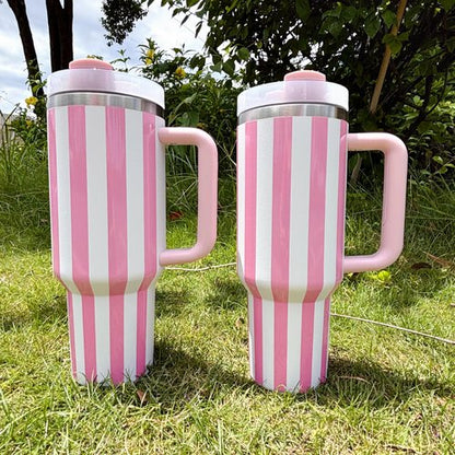 40 oz Traveler - Stripe Water Bottle with Handle & Flip Straw - Fits in Cup Holder, Leak Resistant Tumbler-Reusable Insulated Stainless Steel & Rubber Base - Gifts for Women & Men（Pink&White）