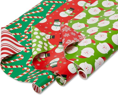 American Greetings Christmas Wrapping Paper Rolls - Reversible Santa & Snowmen Design | 120 sq. ft. (3 Rolls)
