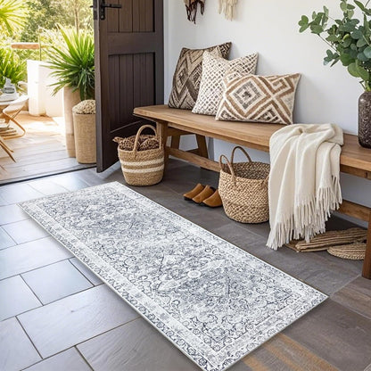 Skiennix Vintage Washable Runner Rug - Soft Non-Slip Farmhouse Mat for Hallway & Kitchen | Gray 2x6 ft