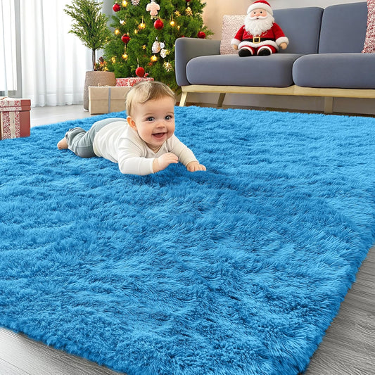 OLANLY Area Rug - Soft Fluffy Shaggy Carpet for Living Room & Bedroom - Machine Washable 4x5.9 ft | Bright Blue