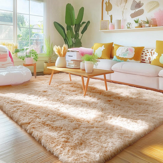 OLANLY Area Rugs - Soft, Fluffy Shaggy Indoor Carpet for Living Room & Bedroom | Beige, 4x10 ft