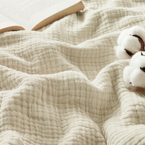 Bedsure 100% Cotton Muslin Blankets for Adults Large Throw 50x70 Inches - 4-Layer Breathable and Lightweight, Soft Boho Gauze Muslin Cotton Blanket for Couch Decor Travel Summer, Linen Beige
