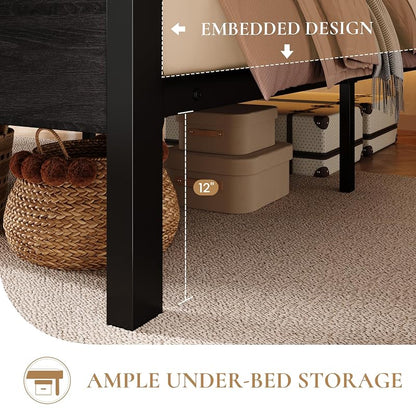 SHA CERLIN Full Bed Frame with 2-Tier LED Headboard & USB-C Charging, Black Oak