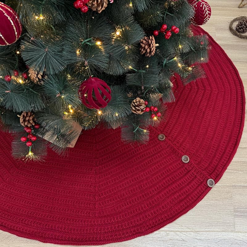 72-Inch Rib Knit Christmas Tree Skirt with Oak Buttons - Burgundy (Variation: Burgundy+72-Inch)