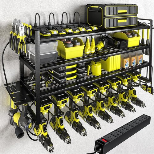 KAFAHOM Power Tool Organizer - Wall-Mounted Charging Station with 8 Drill Holder & Power Strip