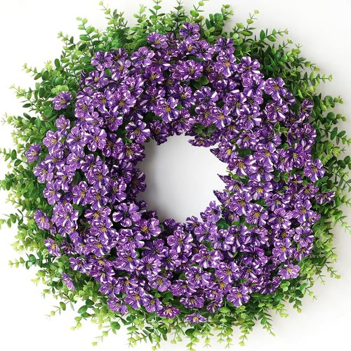 26" Eucalyptus Wreath by [Brand Name] - Faux Morning Glory Flowers for Spring & Summer Decor | Purple