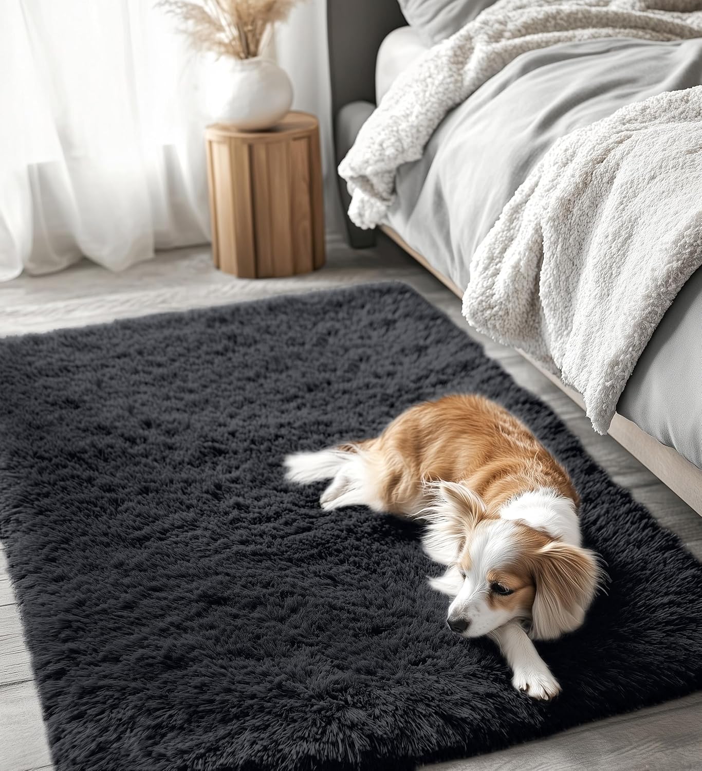 OLANLY Soft Fluffy Shaggy Area Rug - Machine Washable 3x4 Accent Rug for Bedroom & Living Room | Black