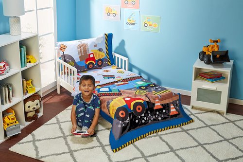 EVERYDAY KIDS 4 Piece Toddler Bedding Set - Under Construction - Includes Comforter, Flat Sheet, Fitted Sheet and Reversible Pillowcase