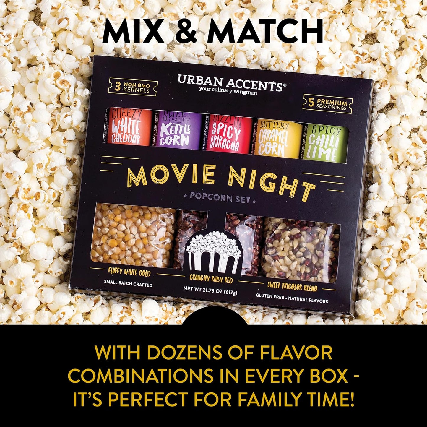 Urban Accents Movie Night Popcorn Gift Set - 3 Gourmet Kernels & 5 Flavorful Seasonings | Ideal Snack Box for Parties