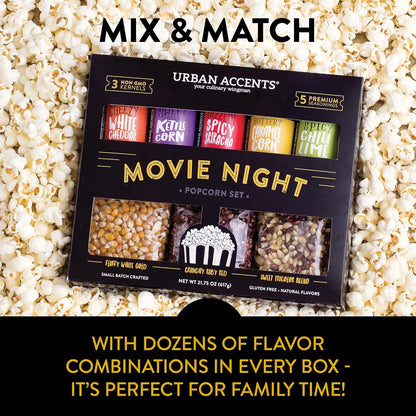 Urban Accents Movie Night Popcorn Gift Set - 3 Gourmet Kernels & 5 Flavorful Seasonings | Ideal Snack Box for Parties