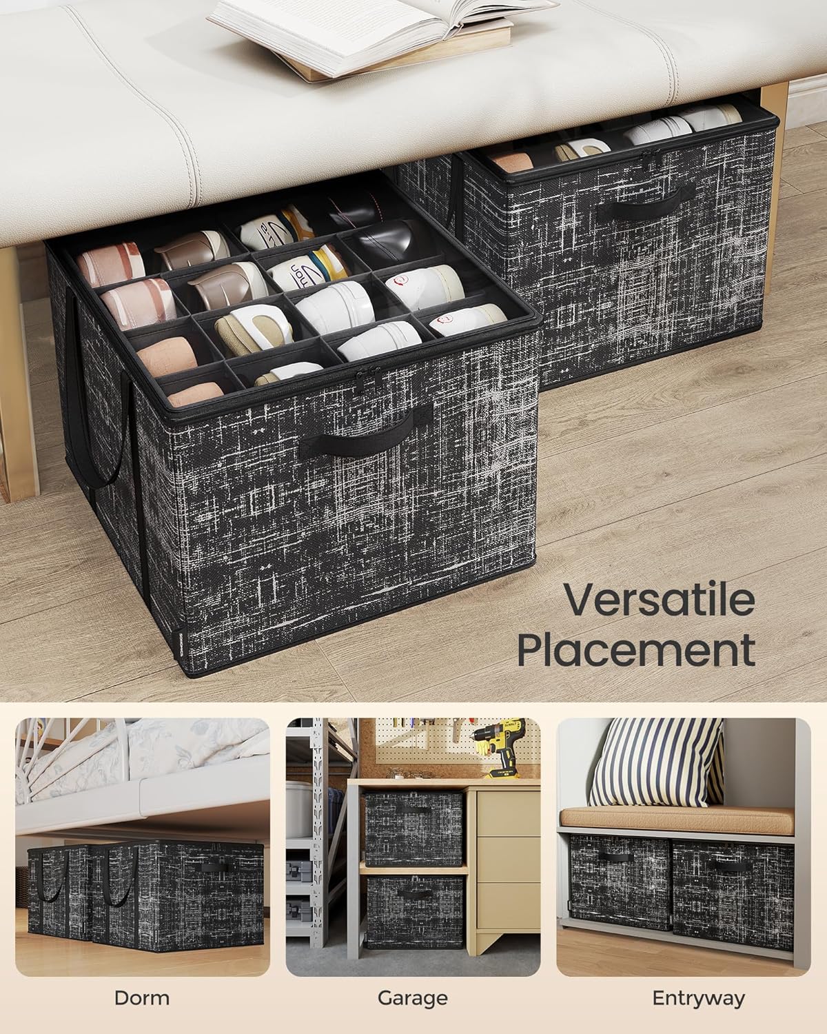 SONGMICS Shoe Organizer - Foldable Storage Box with Clear Lid | Holds 32 Pairs, Ink Black, Set of 2, 16.5 x 16.5 x 12.5 Inches