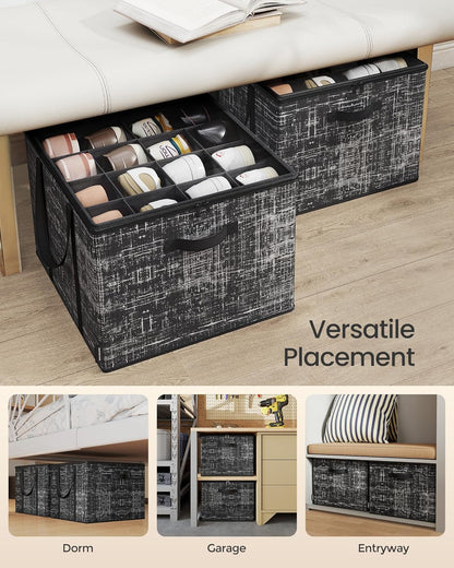 SONGMICS Shoe Organizer - Foldable Storage Box with Clear Lid | Holds 32 Pairs, Ink Black, Set of 2, 16.5 x 16.5 x 12.5 Inches