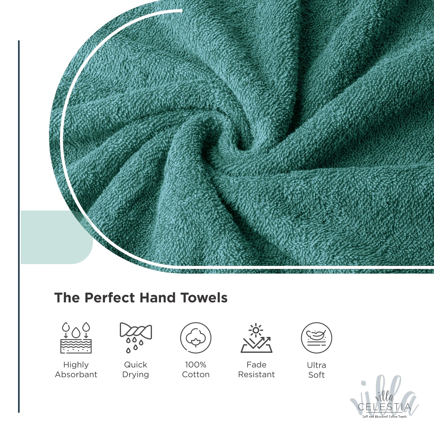 Villa Celestia 100% Cotton Wash Cloth for face & Body Set of 12, (12 x 12 inches) Sustainable, Soft, Highly Absorbent, Combed Cotton Wash Cloths Pack of 12 for Hotels, Spa, Bathroom, Dorm, Teal